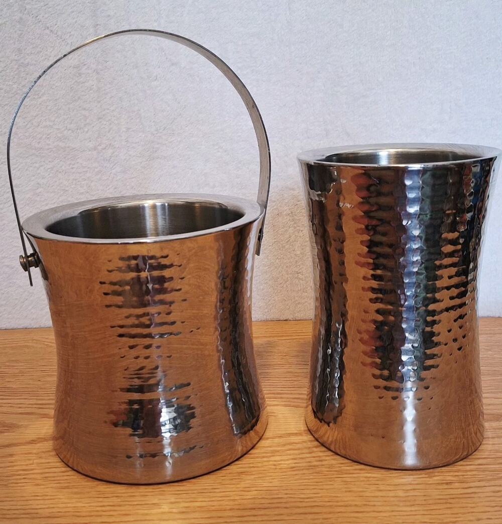 Towle Silversmiths Hammered Stainless Steel Ice Bucket & Wine Chiller Set - EUC